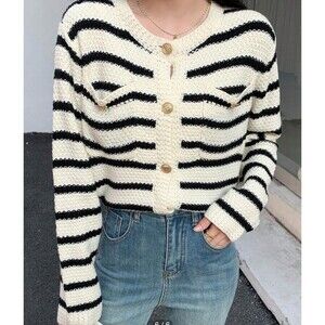 Dazy Womens Cardigan Sweater White Black Striped Size Medium Button Pockets